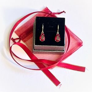 NIB Gold Plated Brass Faux Stone Ruby Red Teardrop Hoop Earrings